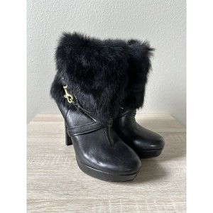 COACH Athena Black Leather Rabbit Fur Platform Ankle Boots Booties Sz 6 $368